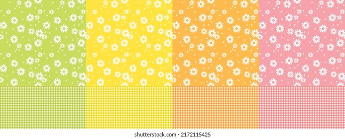 Simple summer daisy seamless pattern. Naive vivid color floral pattern. Vector repeatable motif with summer flowers and simple plaid for textile, fabric, sublimation, print, web.