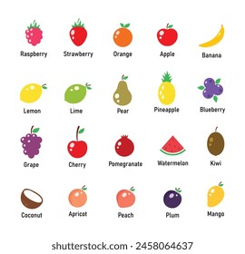  Simple summer fruit icons with name, set of vector illustrations.