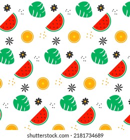 Simple Summer Fruit Pattern With Watermelon, Orange, Leaf And Flowers Simple On White Background. Texture For Fabric, Wrapping, Textile, Wallpaper. Vector Illustration EPS 10