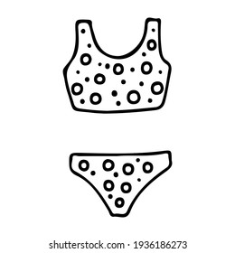 Simple summer hand drawn illustration. Cute bikini swimsuit with print and circles. Vector illustration in doodle outline style.