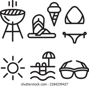 Simple summer icon pack includes grill stand, barbeque, flip-flop, sandals, ice cream, bikini, sun, pool with an umbrella and sunglasses