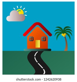 simple summer landscape with house, trees and blue sky