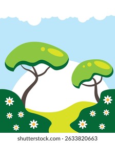 Simple Summer Landscape with Trees and Blooming Bushes. Nature and places outdoor concept vector art