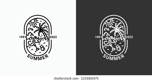 Logotipo de verano simple con líneas, icono de playa en un estilo lineal mínimo, disponible en blanco y negro, árbol de coco, mar, sol