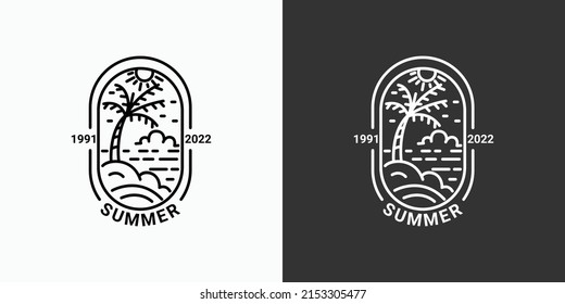 Simple summer logo with lines, beach icon in a minimal linear style, available in black and white, coconut tree, sea, sun