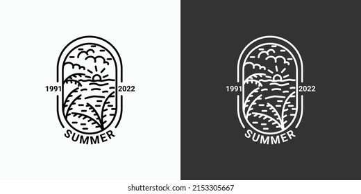 Simple summer logo with lines, beach icon in a minimal linear style, available in black and white, coconut tree, sea, sun