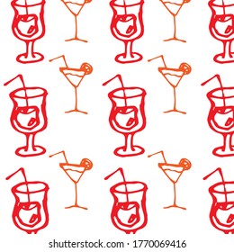 Simple summer pattern with cocktails. Hand-drawn illustration. White background.