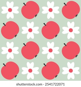 Patrón de verano simple con flores y manzanas. Estampado geométrico retro para cortina, mantel, textil y tela. Fondo de Vector dibujado a mano para decoración y diseño.