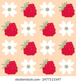 Simple summer pattern with flowers and raspberries. Geometric retro print for curtain, tablecloth, textile and fabric. Hand drawn vector background for decor and design.