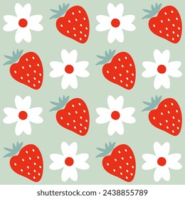 Simple summer pattern with flowers and strawberries. Geometric retro print for curtain, tablecloth, textile and fabric. Hand drawn vector background for decor and design.



