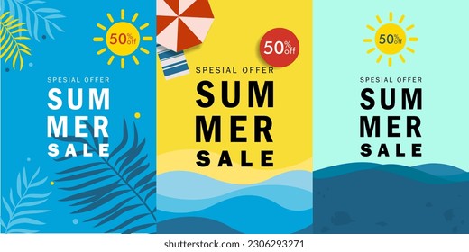 Simple summer sale banner design, summer discount poster with tropical leaves, beach, and undersea scene. Summer time theme flat design vector illustration. for banner, poster, social media