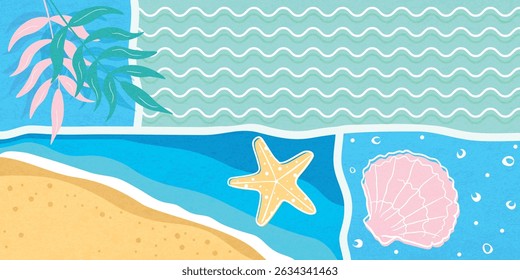 Simple Summer Sea Background, Beach, Palm Leaves, Shell, Starfish, Concept, Retro Texture, Vector