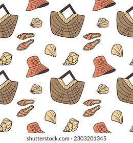 Simple summer seamless pattern. Beach bag, flip flops and various holiday items. Trendy print for designing t-shirts, notebooks, etc. Vector flat illustration. Hand drawn style
