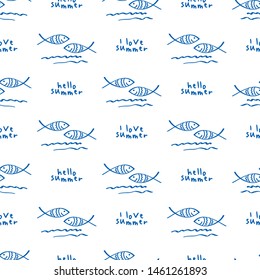 Simple summer seamless pattern with fishes and sea waves for textile, wallpapers, gift wrap and scrapbook. Vector.
