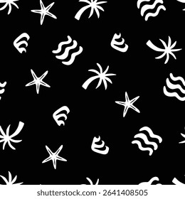 Simple summer seamless print. Palm tree, stars and wave