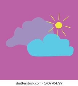 Simple summer sky illustration, greeting card in cartoon style. The sun and two clouds in the pink sky.