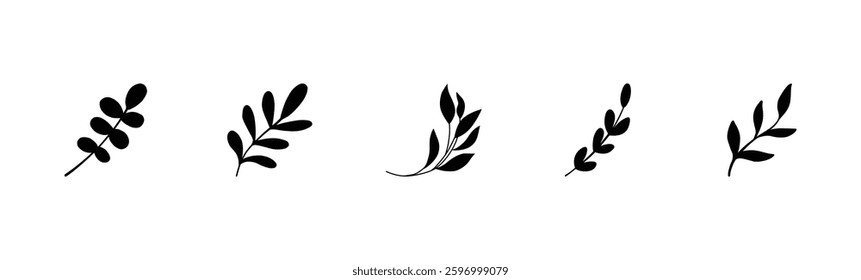 Simple summer, spring branches with leaves. Botanical elements. Floral branch set. Minimalist black silhouette. Flower logo design element. Elegant twig decoration set. Plant icons. Hand drawn black l