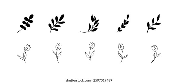 Simple summer, spring branches with leaves. Botanical elements. Floral branch set. Minimalist black silhouette. Flower logo design element. Elegant twig decoration set. Plant icons. Hand drawn black