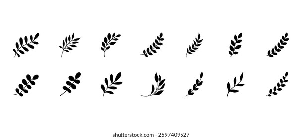 Simple summer, spring branches with leaves. Botanical elements. Floral branch set. Minimalist black silhouette. Flower logo design element. Elegant twig decoration set. Plant icons. Hand drawn black l