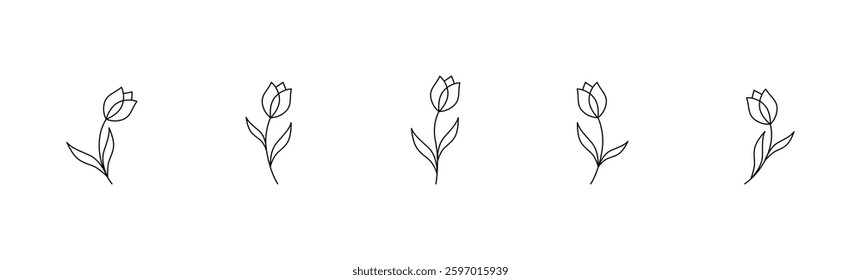 Simple summer, spring flowers with leaves. Botanical elements. Tulip flowers. Minimalist black silhouette. Flower logo design element. Elegant twig decoration set. Plant icons. Hand drawn black set