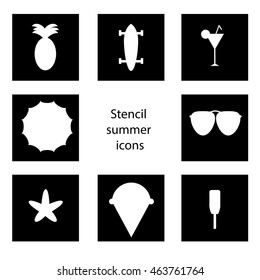 Simple summer stencil. Skateboard, umbrella, ice cream, pineapple, sunglasses, cocktail, starfish. Vector set