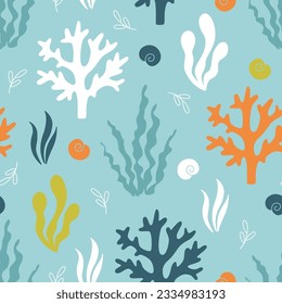 Simple summer vector pattern with colorful seaweed and seashells silhouettes on blue background. Nautical seamless print for kids and female textile, wrapping paper