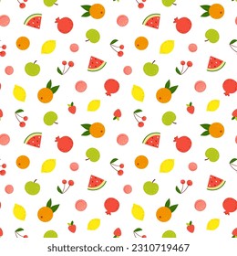 Simple summer vector pattern with mixed fruits and berries. Colorful seamless vector background with drawn in flat style food ingredients - apples, oranges, lemons for textile, wrapping paper