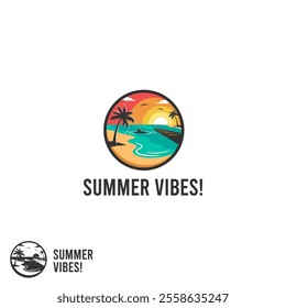 A simple summer vibes logo. Featuring a beach, sunset, palm tree and a dock.