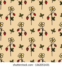 Simple summertime background with wild strawberries. Elegant hand drawn illustration.