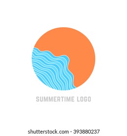 simple summertime logo with blue waves. concept of trip, island, relax, sunrise or sunset, sunny coast, marine journey. flat style trend modern brand design vector illustration on white background
