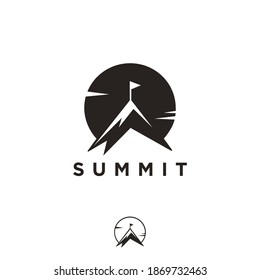 Simple Summit and sun logo, mountain peak logo icon vector template on white background