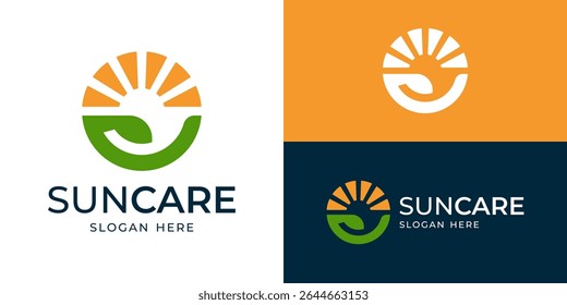 Simple sun care logo template. Hand or leaf with sun logo design vector illustration.