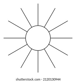 Simple sun with circle decor outline logo. Minimal emblem. Bohemian sign. Elegant badge for company branding. Customizable linear contour symbol. Isolated vector stock illustration