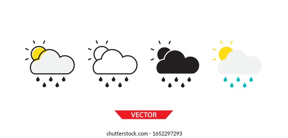 Simple sun cloud rain icon on white background 4 types such as outline, black, color, outline and color. Vector illustration.
