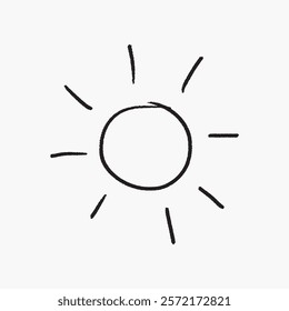 Simple sun doodle with rays. Hand-drawn sun illustration. Minimalist sun sketch, isolated vector. Sun drawing with basic lines. Simple isolated black line art doodle vector.