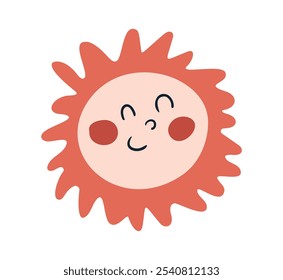 Sol simple en estilo de dibujos animados planos. Lindo sol dibujado a mano con sonrisa aislado sobre fondo transparente. Ilustración vectorial, dibujo infantil.