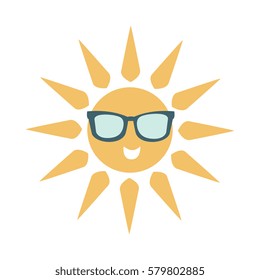 Simple Sun Icon With Face Wearing Dark Shade Glasses, Part Of Summer Beach Vacation Series Of Illustrations