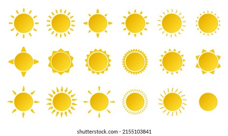Sencillo conjunto de iconos de sol. Rayos de sol brillantes. Conjunto de iconos de Sun. Colección de iconos de la estrella del sol amarillo. Verano, luz solar, naturaleza, cielo. Ilustración vectorial aislada en fondo blanco.