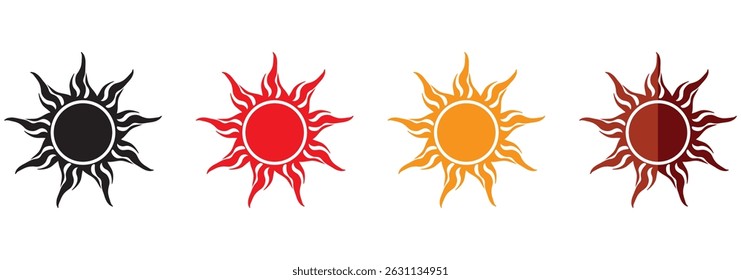 Simple sun icon set. Shine sun ray set. Sun icon set. Black sun star icons collection. Summer, sunlight, nature, sky. Vector illustration isolated on white background.