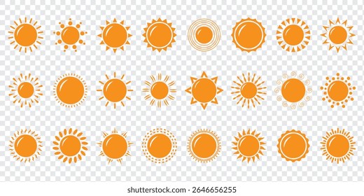 Simple sun icon set. Shine sun ray set. Sun icon set. Black sun star icons collection. Summer, sunlight, nature, sky. Vector illustration isolated on white background.