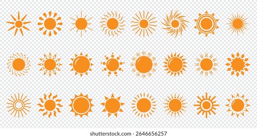 Simple sun icon set. Shine sun ray set. Sun icon set. Black sun star icons collection. Summer, sunlight, nature, sky. Vector illustration isolated on white background.