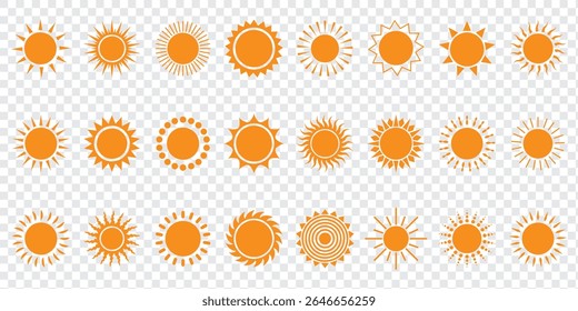 Simple sun icon set. Shine sun ray set. Sun icon set. Black sun star icons collection. Summer, sunlight, nature, sky. Vector illustration isolated on white background.