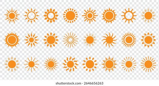 Simple sun icon set. Shine sun ray set. Sun icon set. Black sun star icons collection. Summer, sunlight, nature, sky. Vector illustration isolated on white background.