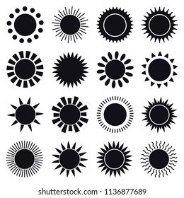 Simple Sun Icons. Sign and Symbol. Black Silhouette