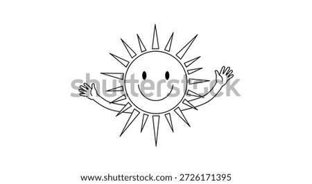 Simple sun line drawing with a happy face and waving arms radiates positivity and warmth for summer and weather concepts.
