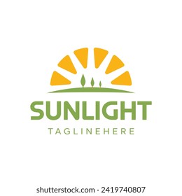 Simple sun shining brightly with symbols of greenfield land and trees for agriculture farming Logo Design Inspiration