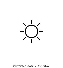 Simple sun symbol with radiating rays. Minimalist black and white line art for sunny weather, summer, or light concepts. Isolated on white background.