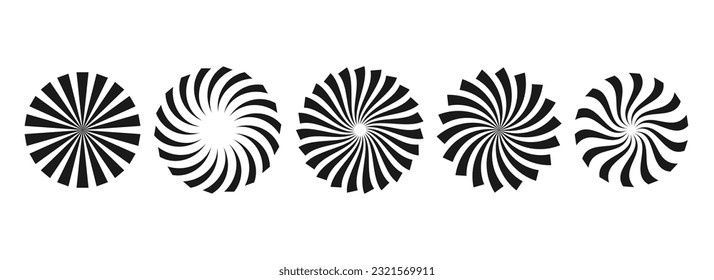 Simple sunburst circles collection. Black radial stripe elements pack. Set of round rays and beams. Geometric stars pack. Vector illustration concept for banner, badge, sticker, poster.