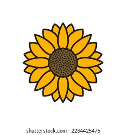 Einfache Sonnenblumensymbol. Orangefarbene Blume mit Blütenblättern. Sonnenblume, Vektorgrafik, Videokunst einzeln auf weißem Hintergrund