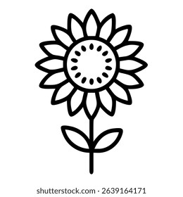 A simple sunflower illustration with a thick black outline and leafed stem can be used for decorations and designs.